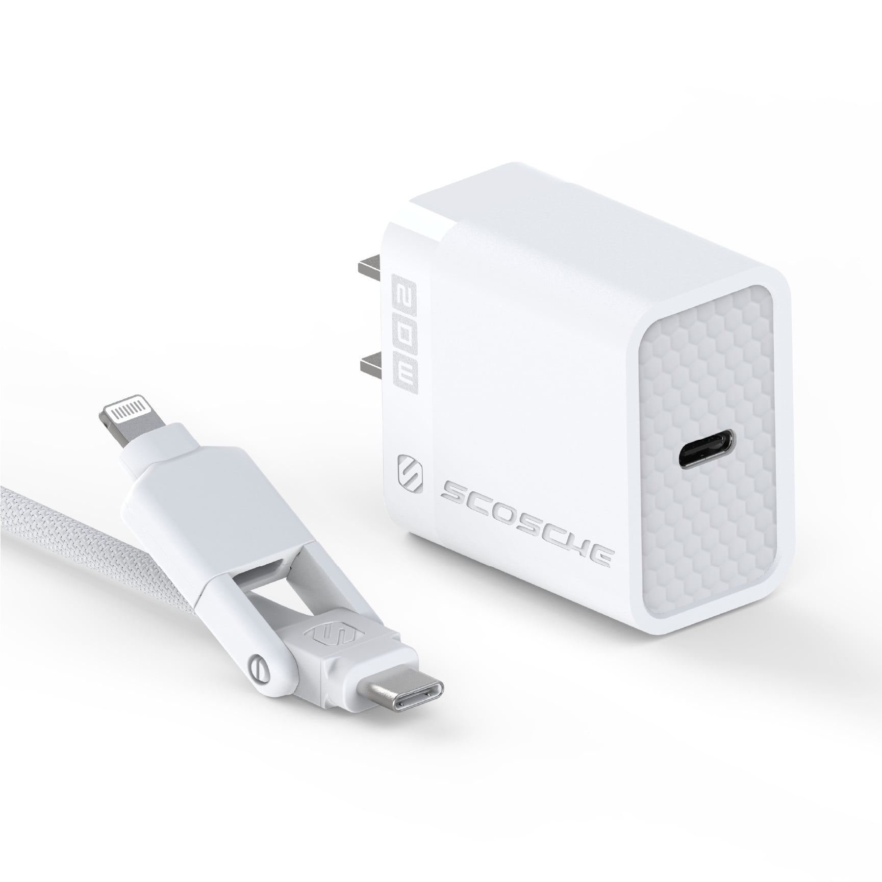 Scosche SH20CCi4WT-SP 20W PD USB-C Fast Wall Charger & 4 ft 2-in-1 USB-C to USB-C / Lightning Cable