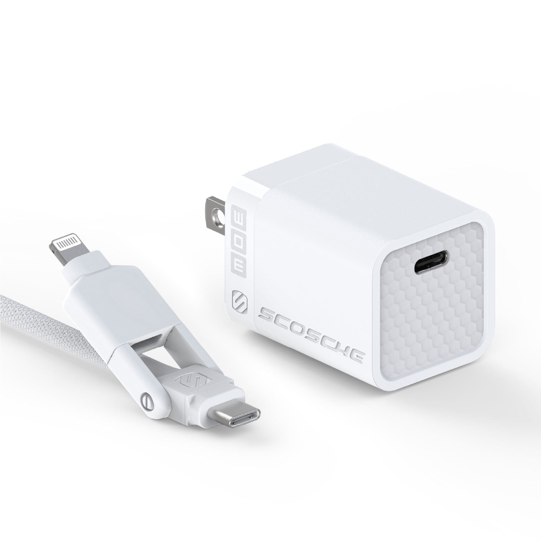 Scosche SH30CCi4WT-SP 30W USB-C GaN Fast Wall Charger & 4 ft 2-in-1 USB-C to USB-C / Lightning Cable