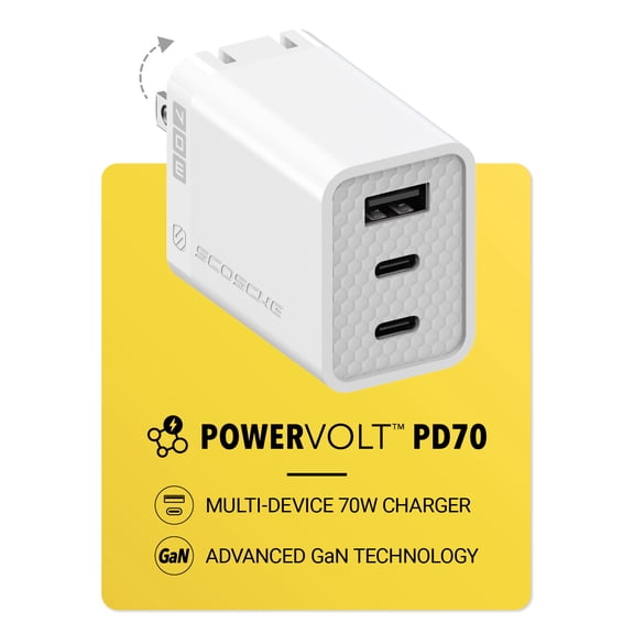 Scosche PowerVolt 70W Power Delivery USB-C & USB-A Fast Charge 3 Port Wall Plug White SHPD70WT-SP