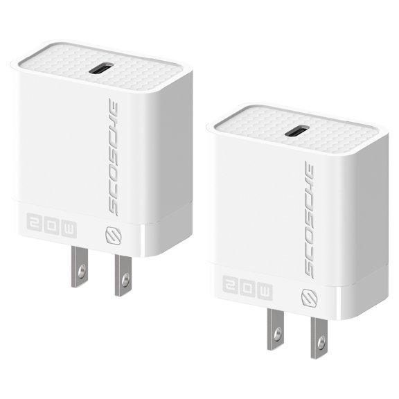 Scosche SHPDC20WT-2PRP PowerVolt 20W USB-C Fast Charging Power Adapter Wall Plug, White 2 pack