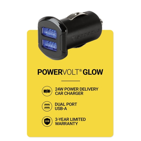 Scosche USBC242M ReVolt Compact Dual Port USB Fast Car Charger Adapter with Illuminated LED Backlight (12 Watts/2.4 Amps Per Port) - Black
