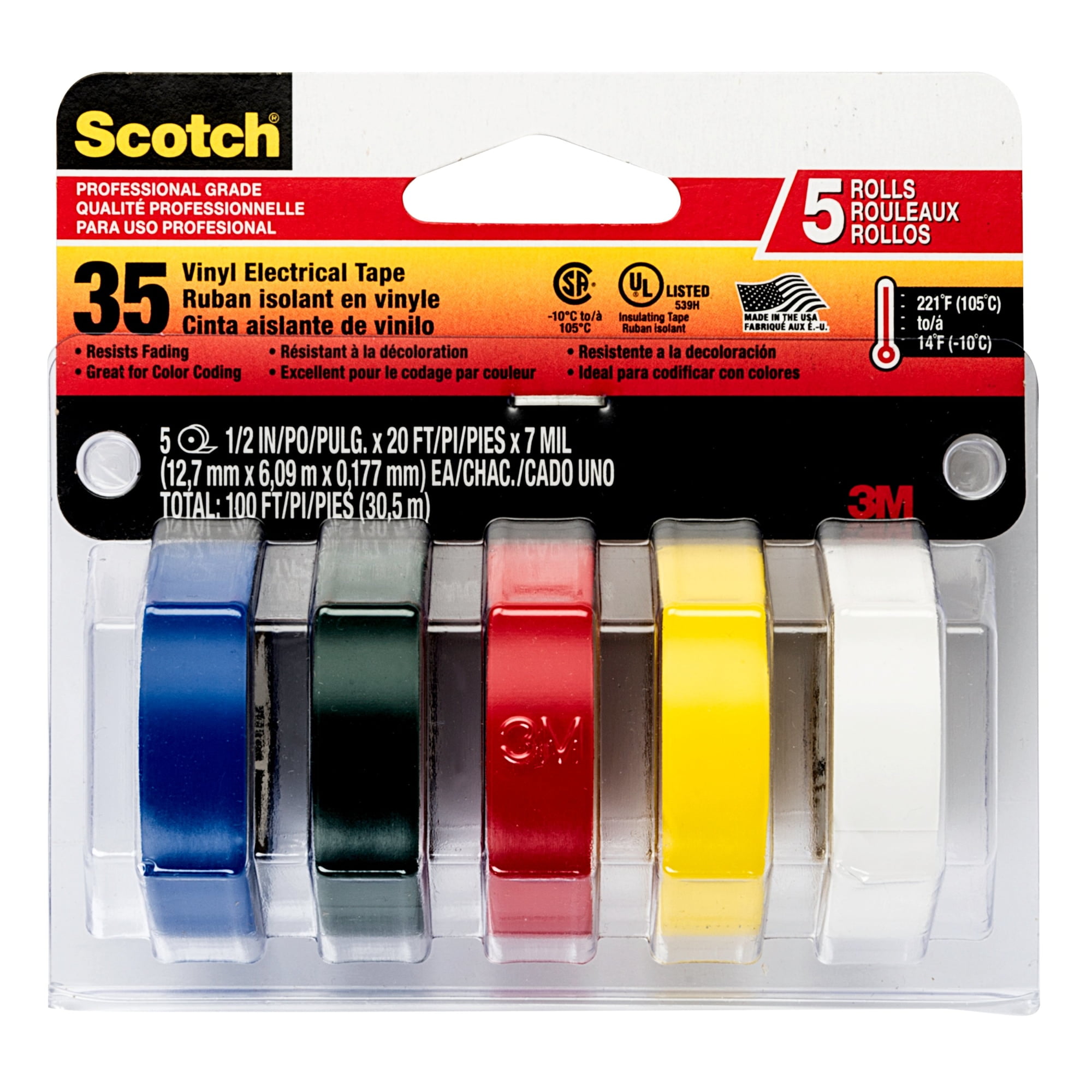 Scotch 10457DS 616241993522 35 Electrical Tape, Multi-Color Value Pack, 5  Rolls, 1 Pack, Multicolor, 5 Count 