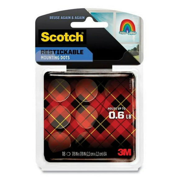Scotch-2PK Restickable Mounting Tabs, Repositionable, Holds Up to 0.6 lb, 0.88 x 0.88, Clear, 18/Pack