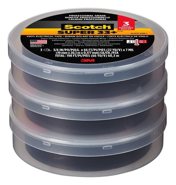 Scotch® Super 33+ Vinyl Electrical Tape, 3/4 in x 66 ft x 7 mil, 3 pack