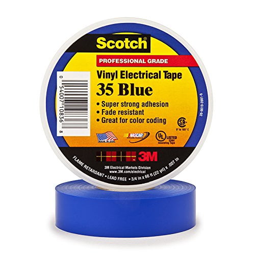 Scotch 35 Vinyl Electrical Color Coding Tape, 3/4"" x 66ft, Blue, Sold as 1 Roll
