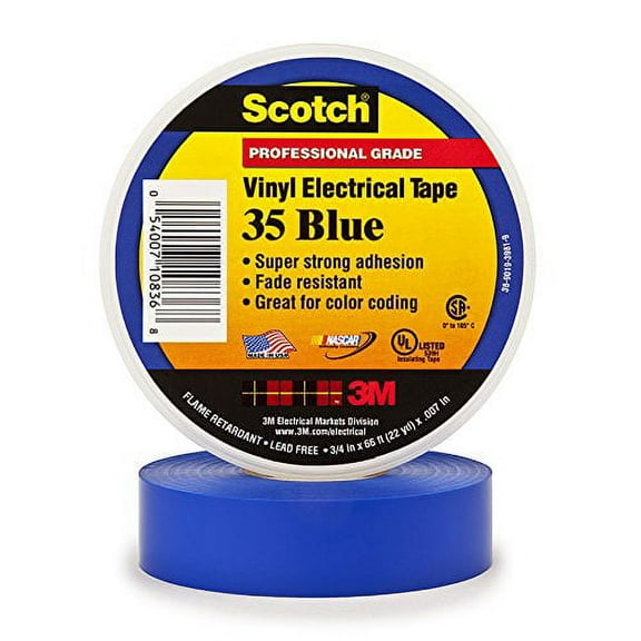 Scotch 35 Vinyl Electrical Color Coding Tape, 3/4"" x 66ft, Blue, Sold as 1 Roll