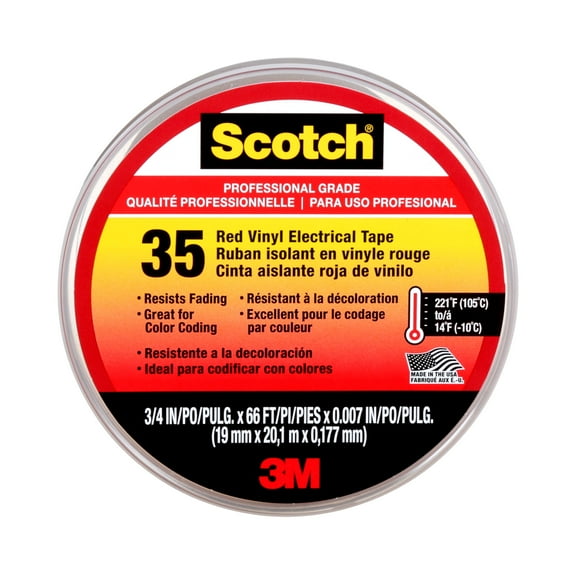 Scotch 35 Vinyl Electrical Color Coding Tape, 3" Core, 0.75" X 66 Ft, Red | Bundle of 5 Rolls