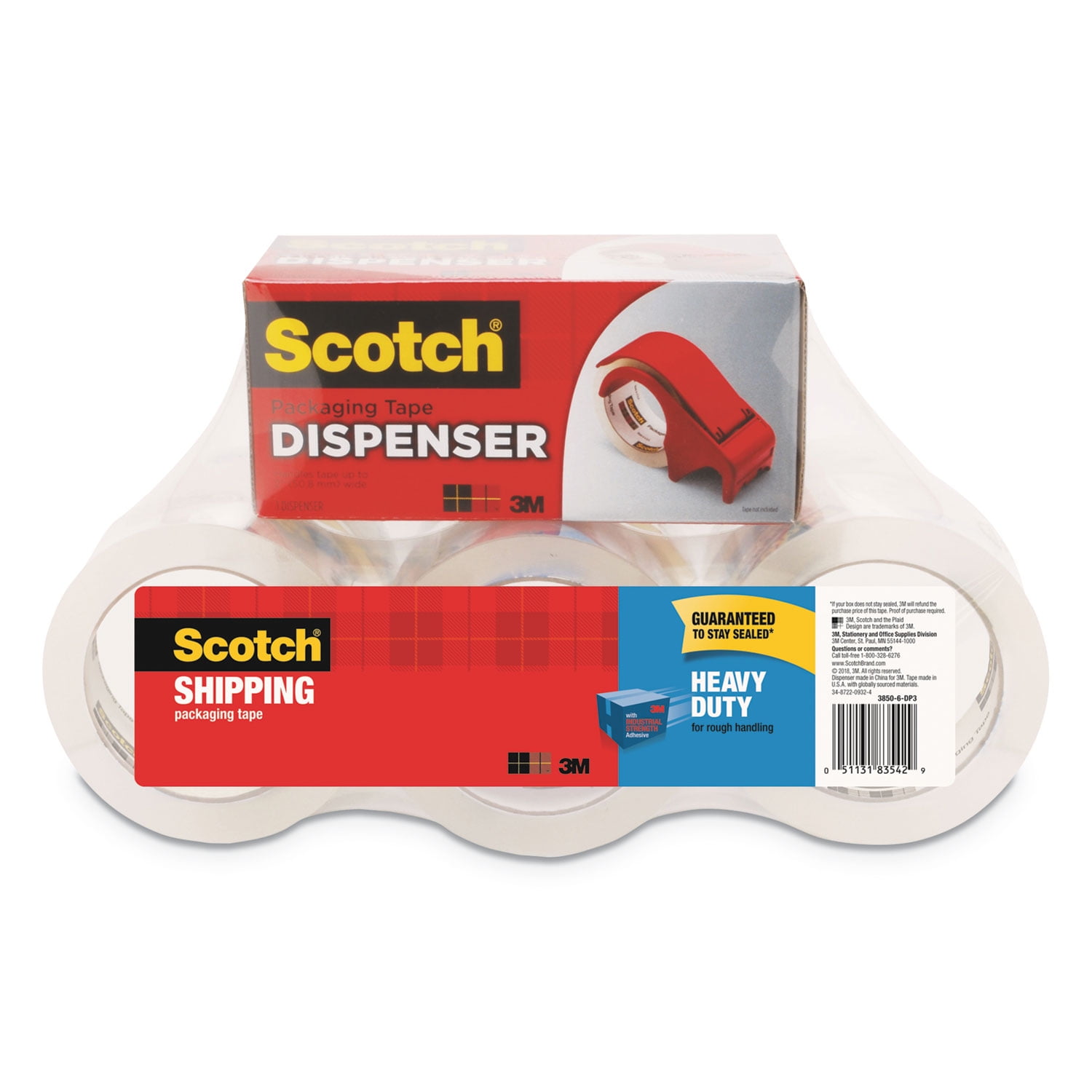 Scotch 3850 Heavy-Duty Packaging Tape with DP300 Dispenser, 3" Core, 1.88" x 54.6 yds, Clear, 6/Pack