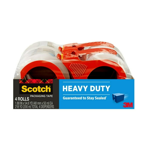 Scotch Heavy Duty Packaging Tape with Dispenser, 3" Core, Clear, 1.88 in x 54.6 yds, 4 Pack