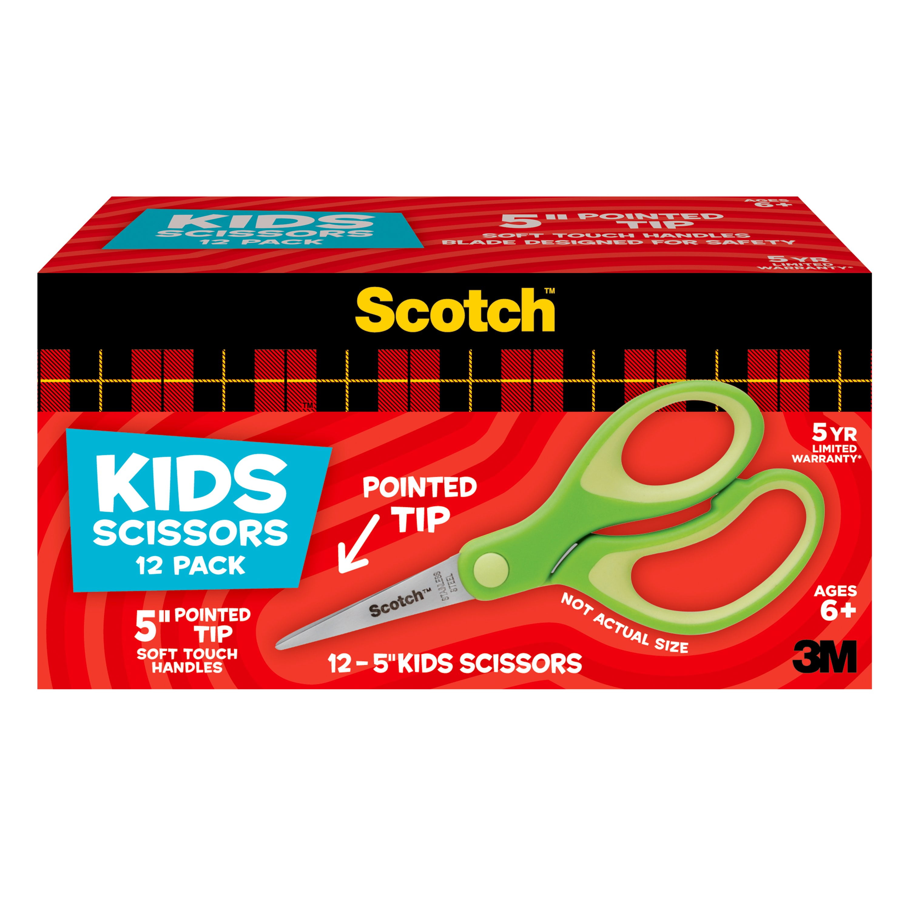 Scotch 5 Soft Touch Pointed Kid Scissors, Green, 12/Pack