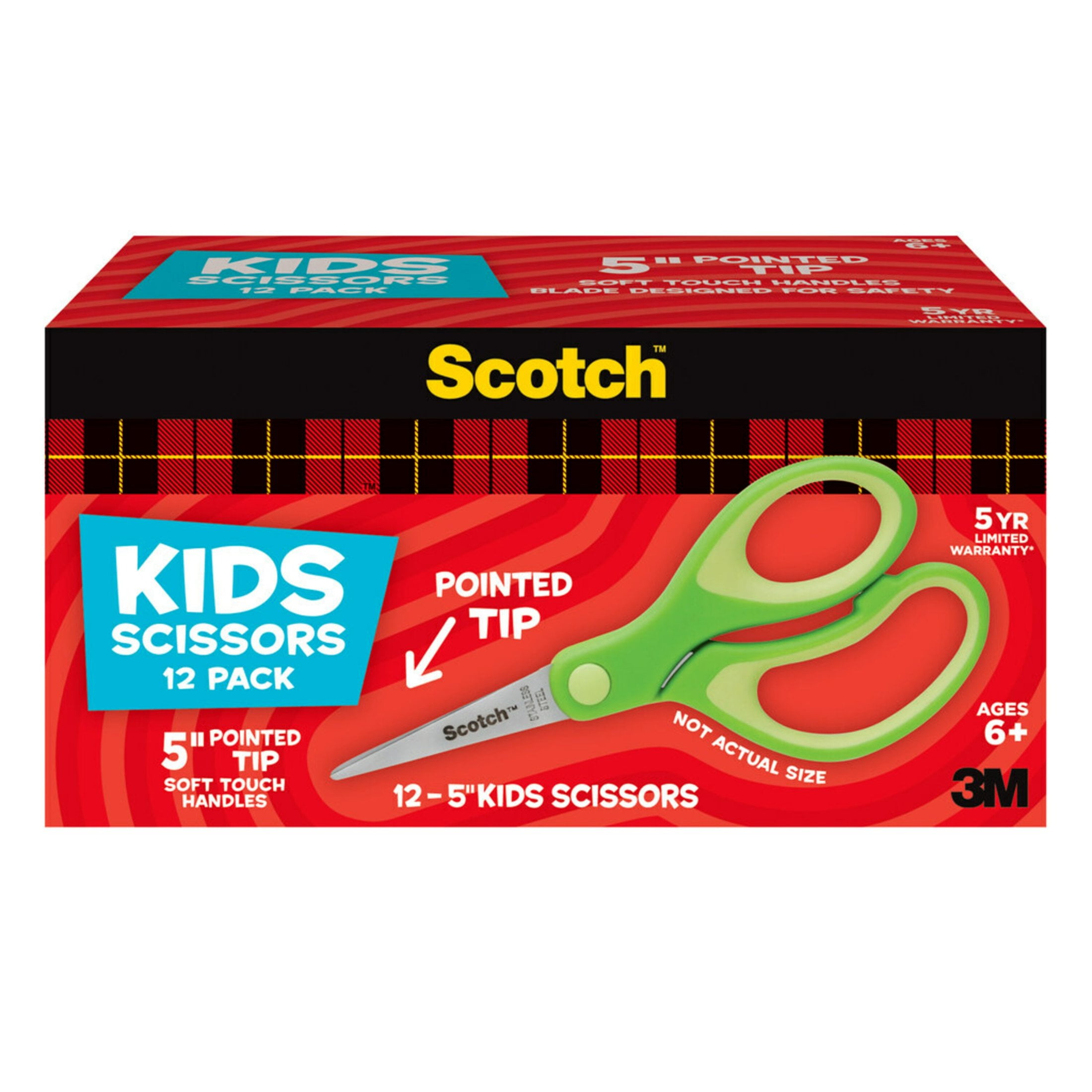 Scotch Soft Touch Pointed Kids Scissors, 5 Inches, Stainless Steel Blade, Pack of 12