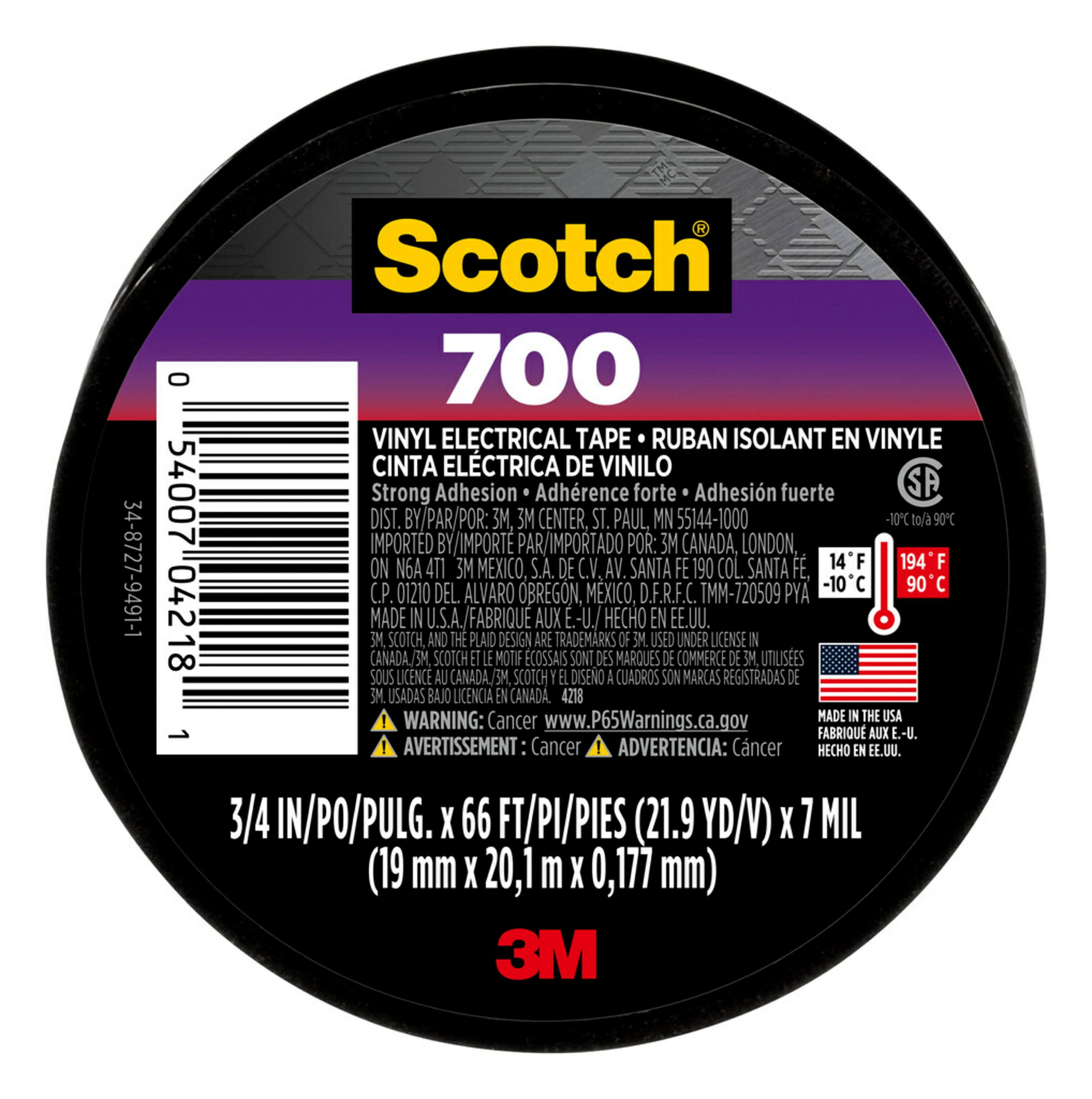 Scotch 700 Electrical Tape, 3/4 in. x 66 ft. x 0.007 in., 1 Scotch 700 Electrical Tape, 3/4 in. x 66 ft. x 0.007 in., 1