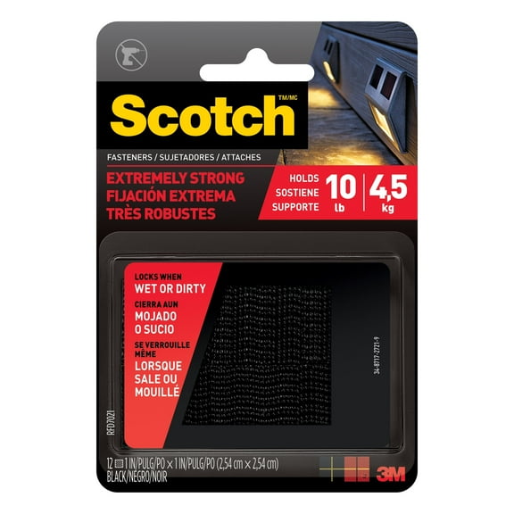 Scotch Black Hook & Loop Fasteners, Heavy Duty, Holds 10 lbs, Size 1 in x 1 in, 12 Count