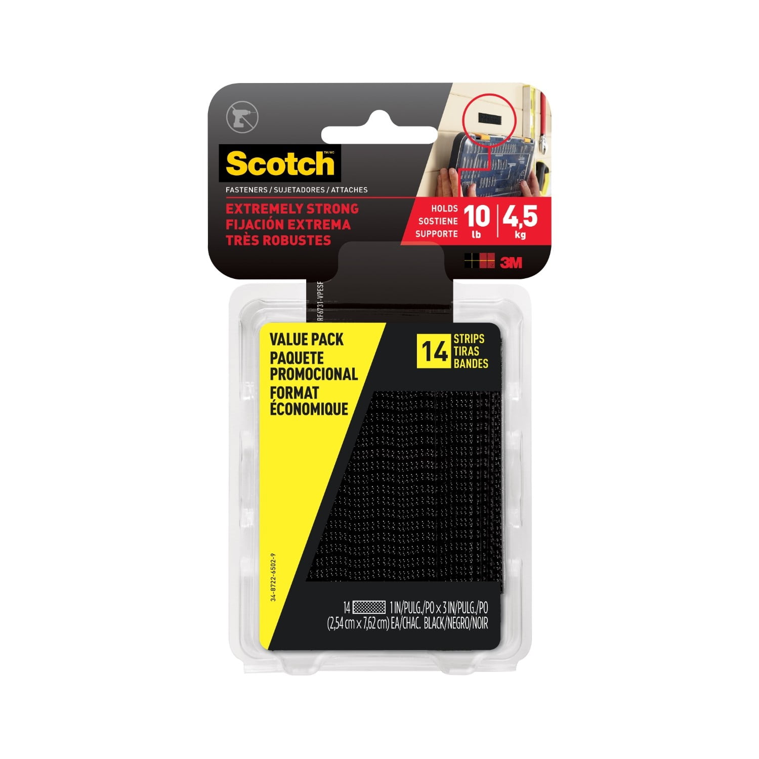 Scotch Black Hook & Loop Fasteners, Heavy Duty, Holds 10 lbs, Size 1 in x 3 in, 14 Count