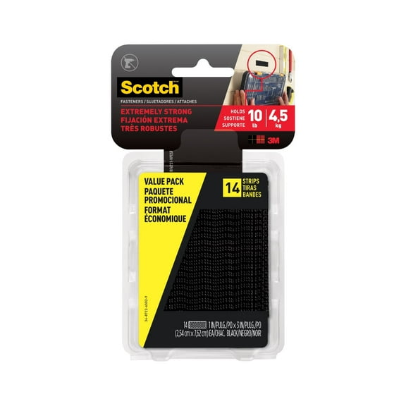 Scotch Black Hook & Loop Fasteners, Heavy Duty, Holds 10 lbs, Size 1 in x 3 in, 14 Count