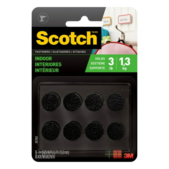 Scotch Black Hook and Loop Fasteners, Indoor Use, 3 lbs, 5/8 in, 16 Count