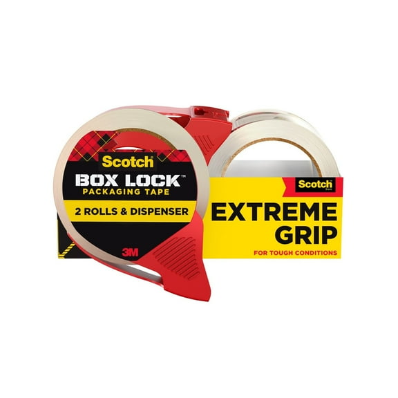 Scotch Box Lock Packaging Tape, 3' Core, Clear, 1.88 in x 54.6 yd, 2 Rolls with 1 Dispenser