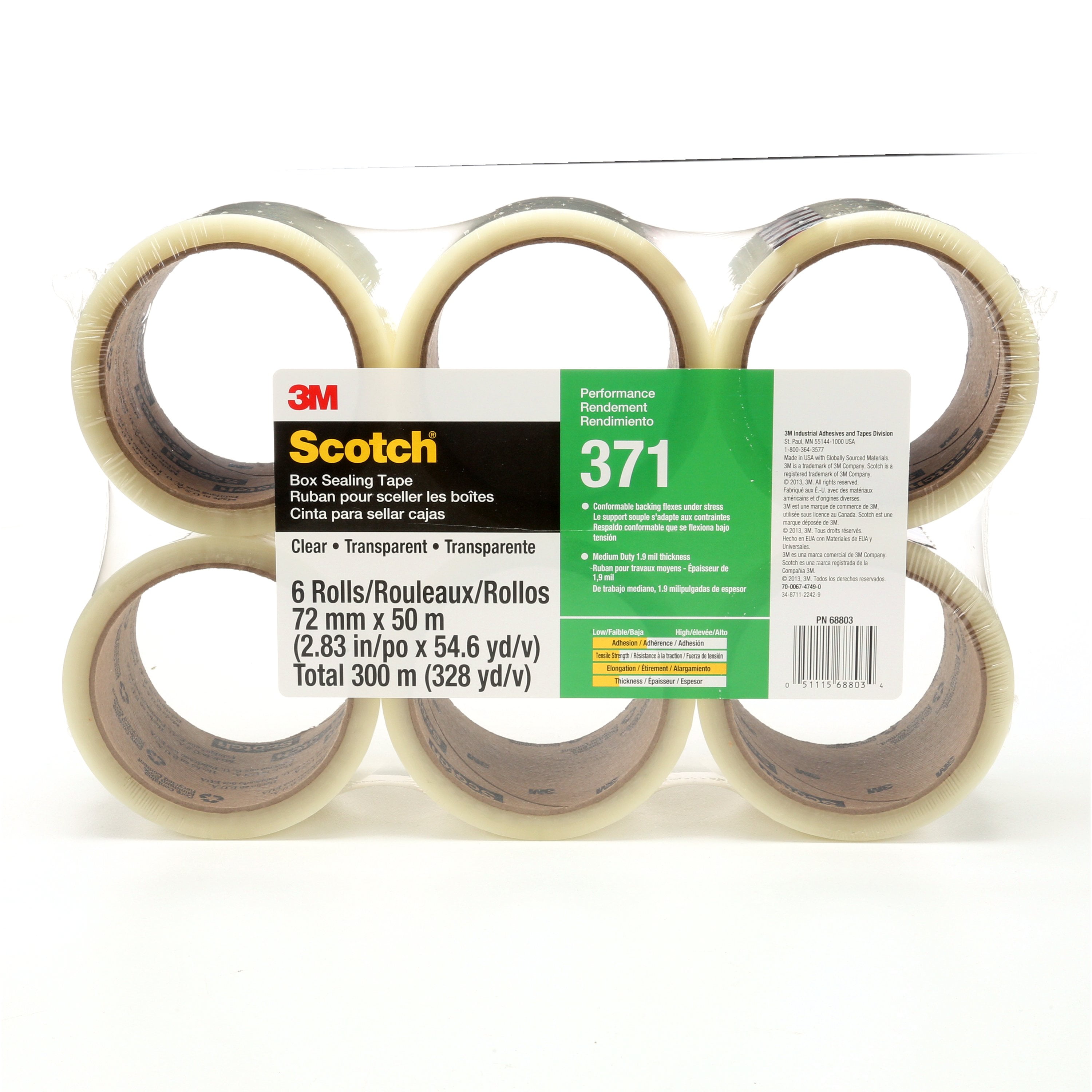 Scotch Box Sealing Tape 371, Clear, 72 mm x 50 m, 24 per case (6 rolls/pack 4 packs/case), Conveniently Packaged