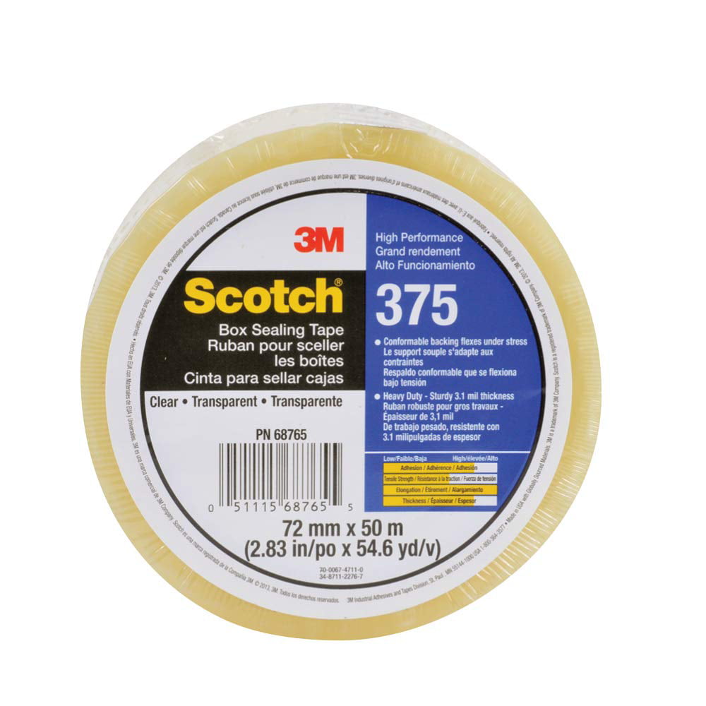 Scotch Box Sealing Tape 375 Clear, 72 mm x 50 m, High Performance,  Conveniently Packaged (Pack of 1)