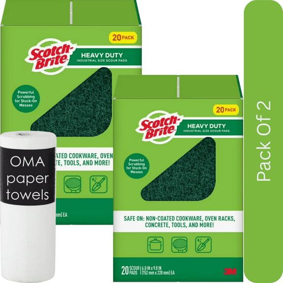 Scotch-Brite Heavy Duty Industrial Sized Scour Pads (20 ct)-2pk, With Paper Towel By OMA