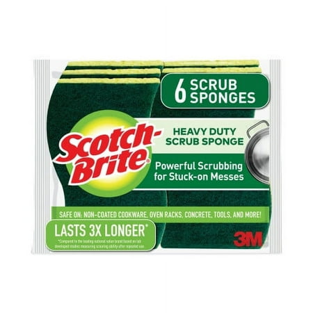 Scotch-Brite Heavy-Duty Scrub Sponge, 4.5 x 2.7, 0.6" Thick, Yellow/Green, 6/Pack, Each