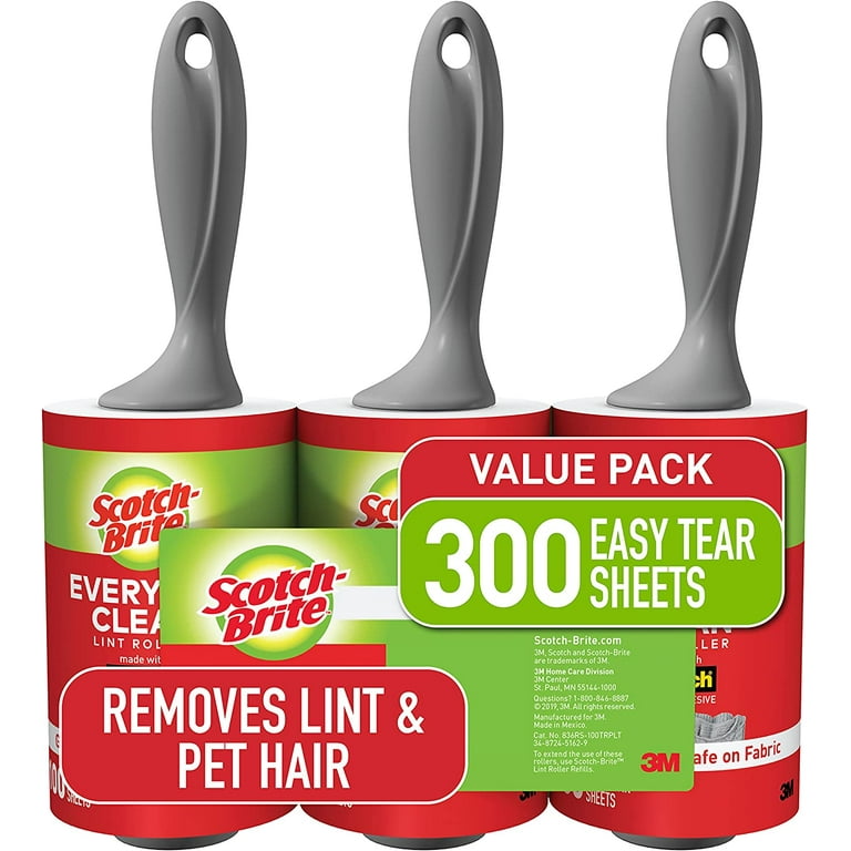 Scotch-Brite Lint Roller, Works Great on Pet Hair, Clothing, Furniture and  More, 3 Rollers, 100 Sheets Per Roller (300 Sheets Total) - Walmart.com