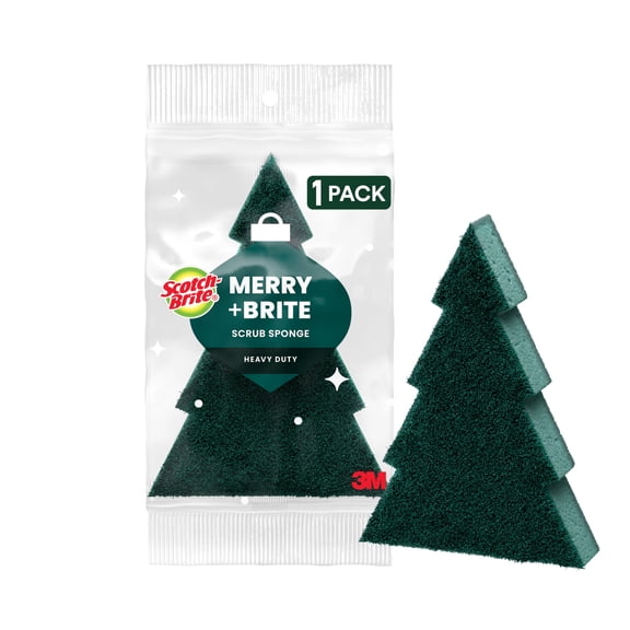 Scotch-Brite Merry + Brite Heavy Duty Holiday Scrub Sponge, Two-Sided Dish Sponge with Festive Pine Tree Shape, Christmas Kitchen Sponge