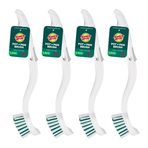 Scotch-Brite Pot & Pan Brush, Powerful Cleaning, No Scratching, Antimicrobial Bristle Protection, 4 Brushes