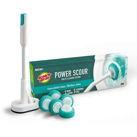 Scotch-Brite Power Scour Toilet Cleaning System, Toilet Bowl Cleaner With Disposable Scrub Pad Tablets, Includes 1 Wand, Stand And 5 Scrubbing Pad Refills