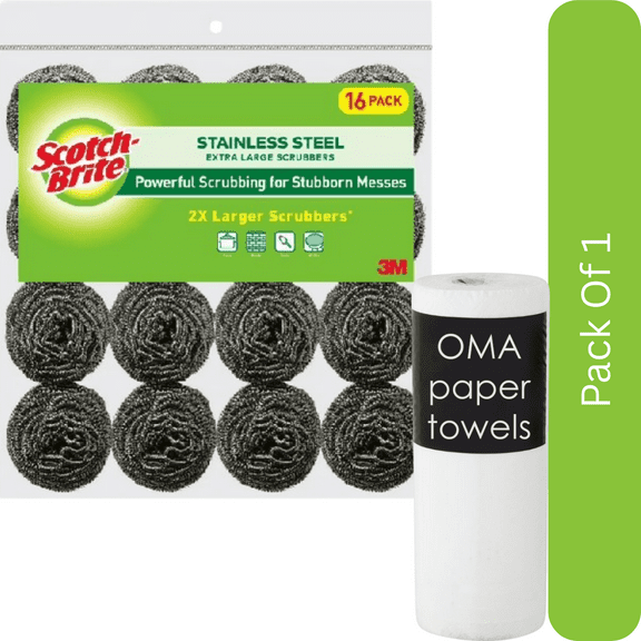 Scotch-Brite Stainless Steel Extra Large Scrubbers 16 Count- With Paper Towel By OMA