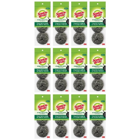 Scotch-Brite Stainless Steel Scrubbing Scour Pads Heavy Duty 3 Pads Silver, 12-Pack