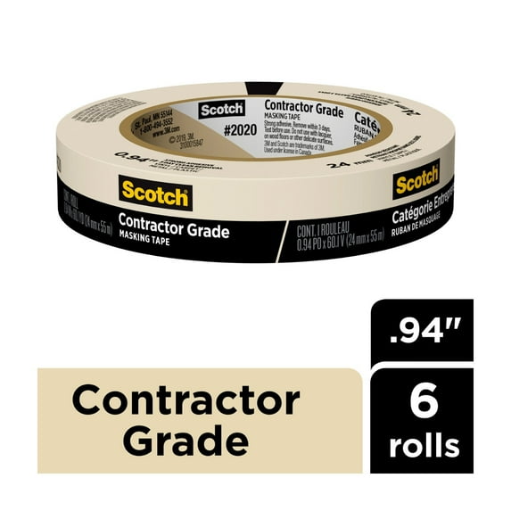 Scotch Contractor Grade Masking Tape, 0.94 in x 60.1 yd, Tan, 6 Rolls