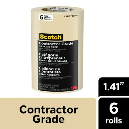 Scotch Contractor Grade Masking Tape, 1.41 in x 60.1 yd, Tan, 6 Rolls