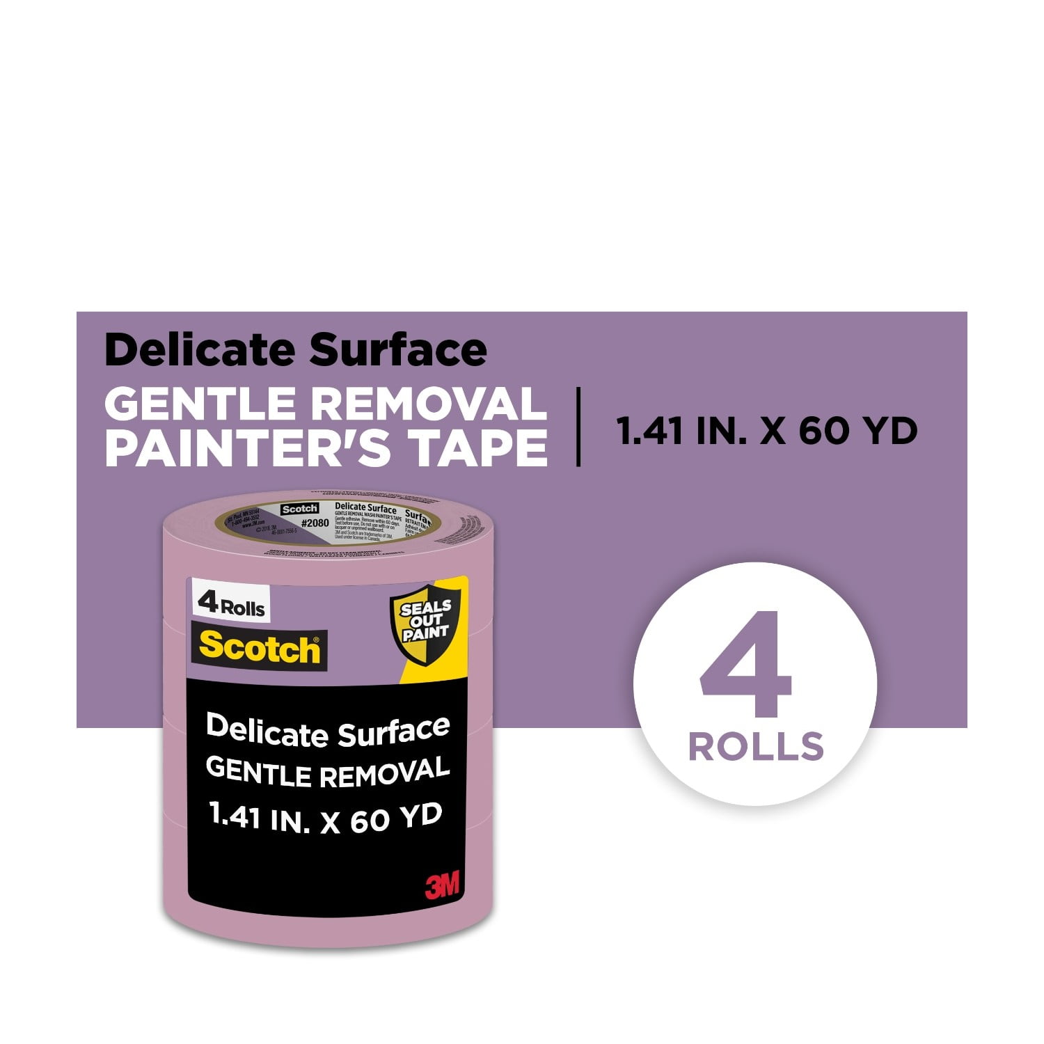 Scotch Delicate Surface Painter's Tape, 1.41 in x 60 yd, Purple, 4 Rolls