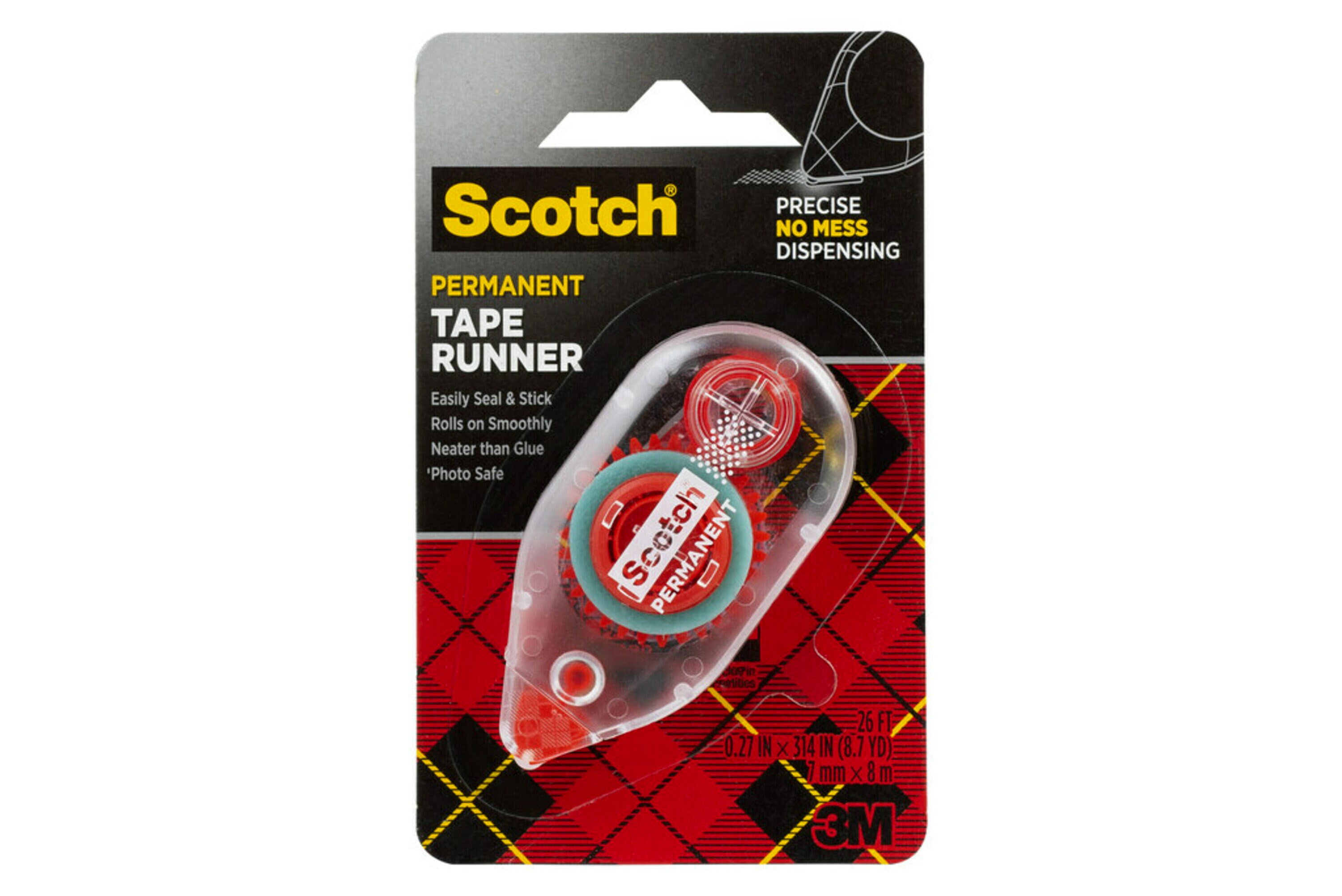 Scotch Double Sided Permanent Tape Runner, .27 in x 26 ft, Red, 1