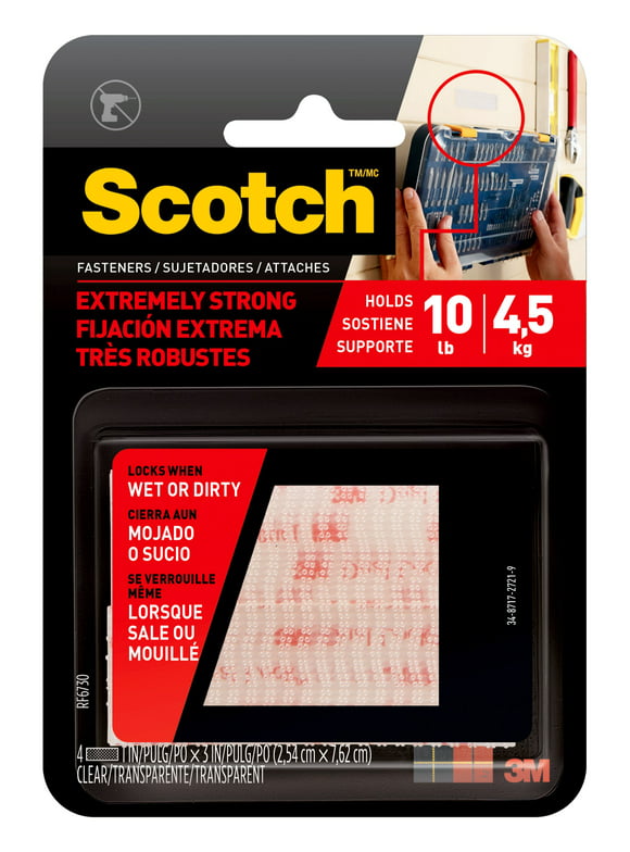 Scotch Extreme Fasteners, 1 in x 3 in, Clear, 2 Sets of Strips