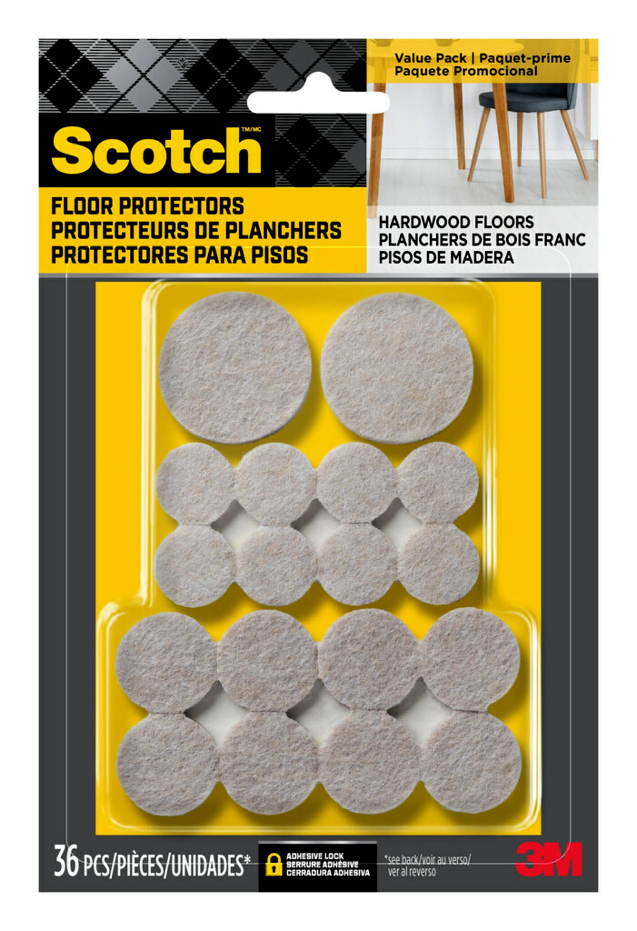 Scotch Felt Pads, Round, Assorted Sizes, Beige, 36 Pads, Hardwood, Tile