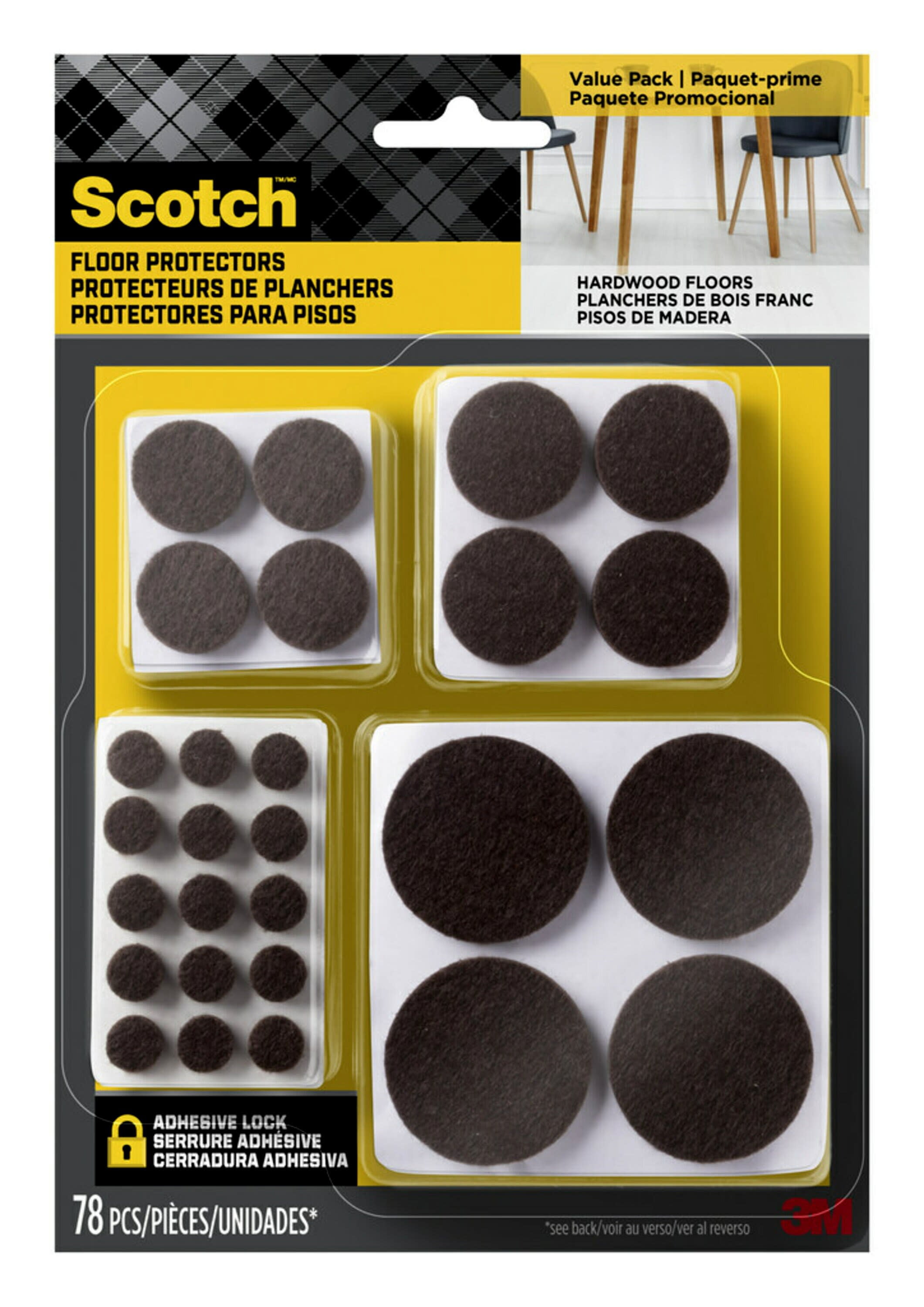 Scotch™ Felt Pads, Round, Assorted Sizes, Brown, 78 Pads