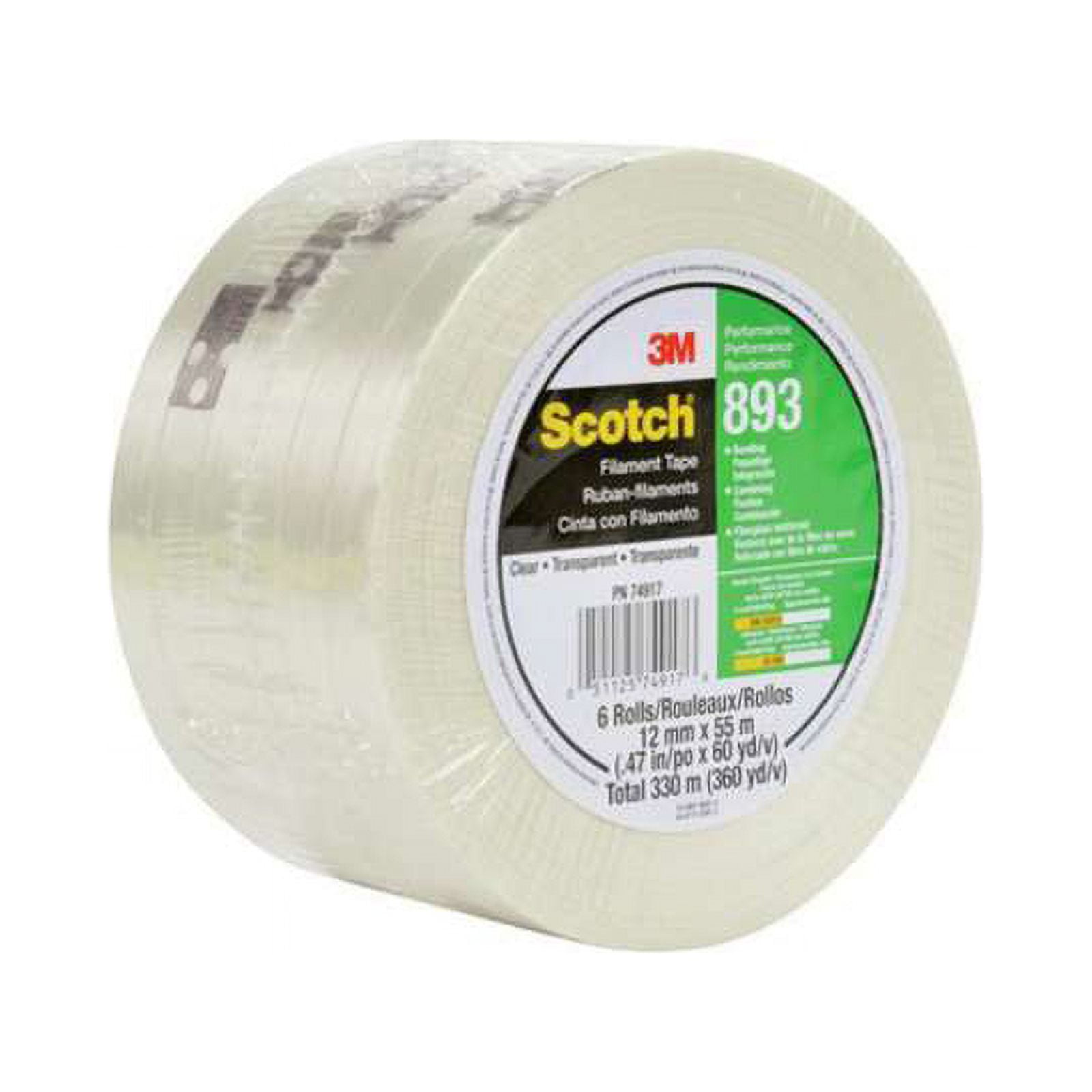 Scotch Filament Tape 893 Clear, 18 mm x 55 m, Conveniently Packaged (Pack of 4)