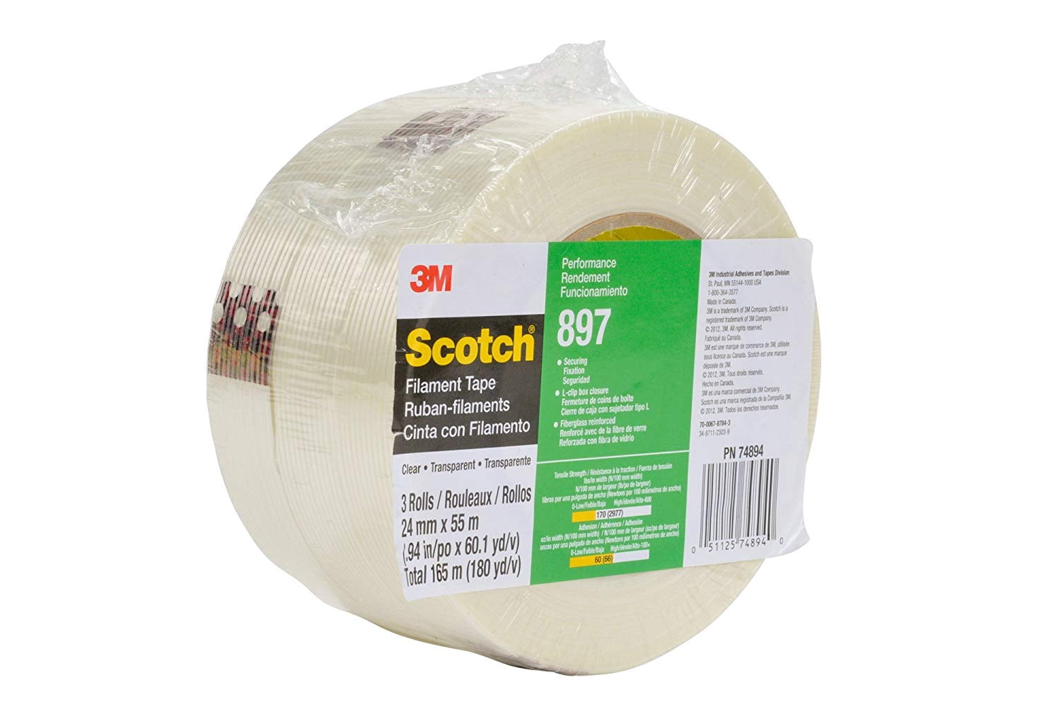 Scotch Filament Tape 897 Clear, 24 mm x 55 m, Conveniently Packaged (Pack of 3)