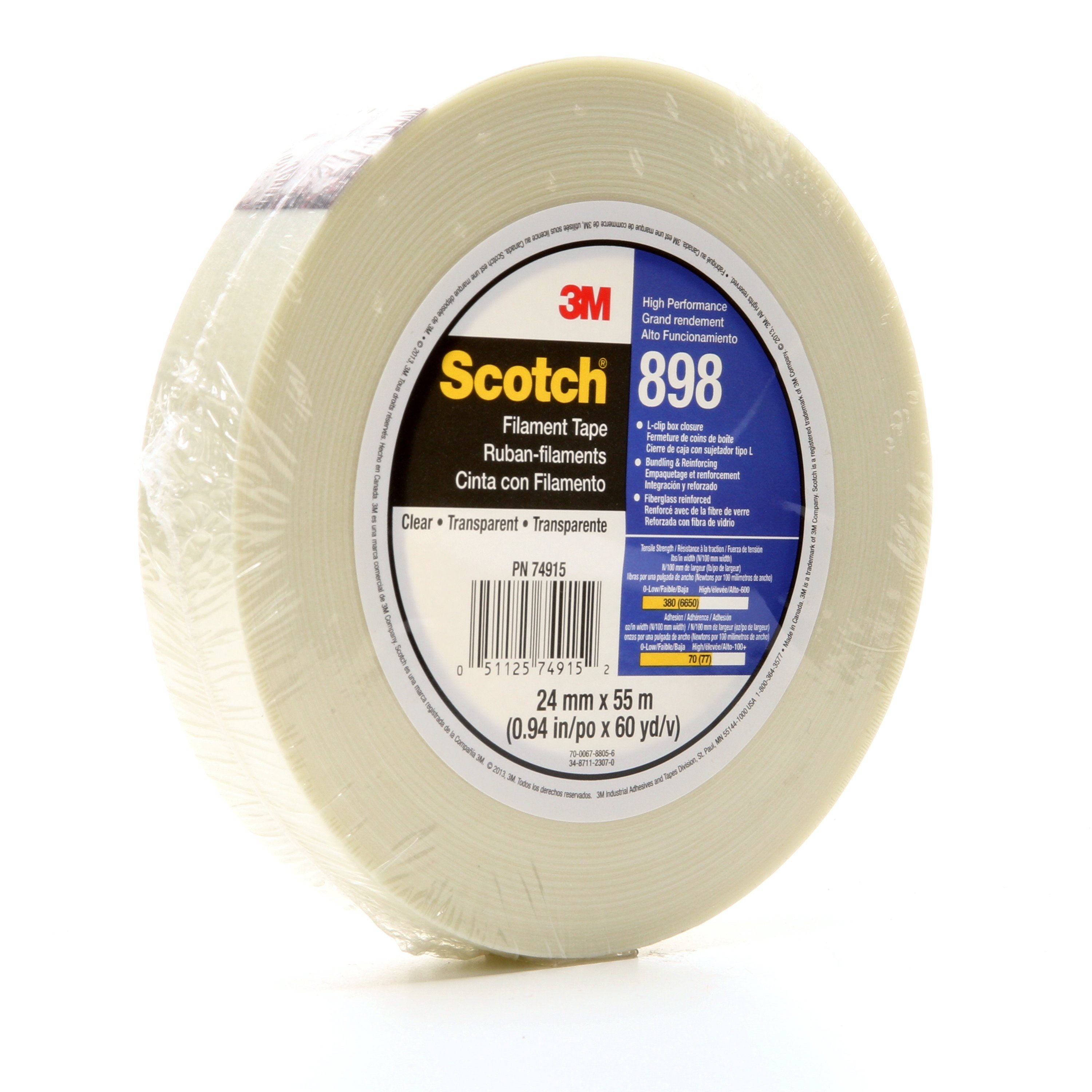 Scotch Filament Tape 898, Clear, 24 mm x 55 m, 36 rolls per case, individually wrapped conveniently packaged