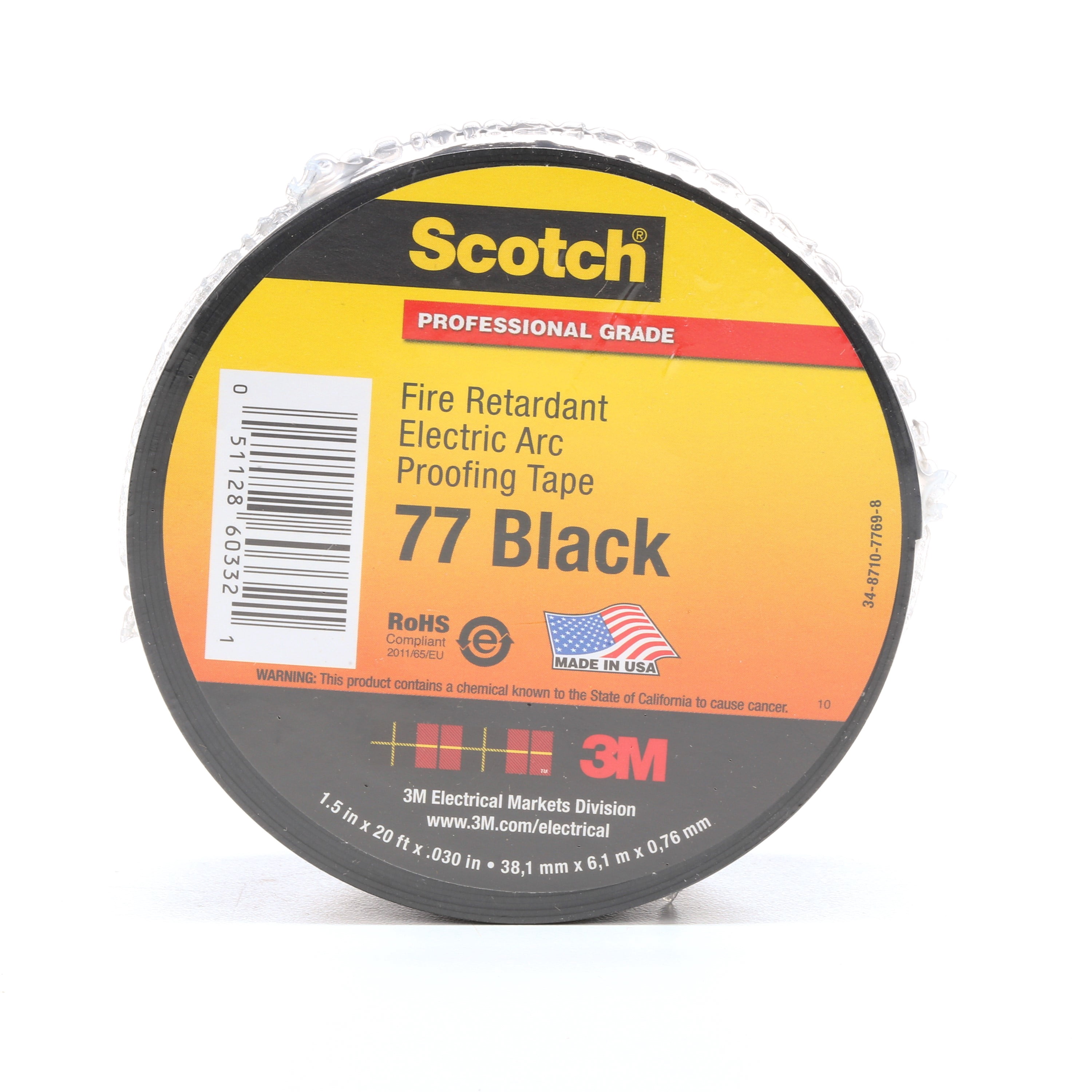 Scotch Fire-Retardant Electric Arc Proofing Tape 77, 1-1/2 in x 20 ft, Black, 1 roll/carton, 10 rolls/Case