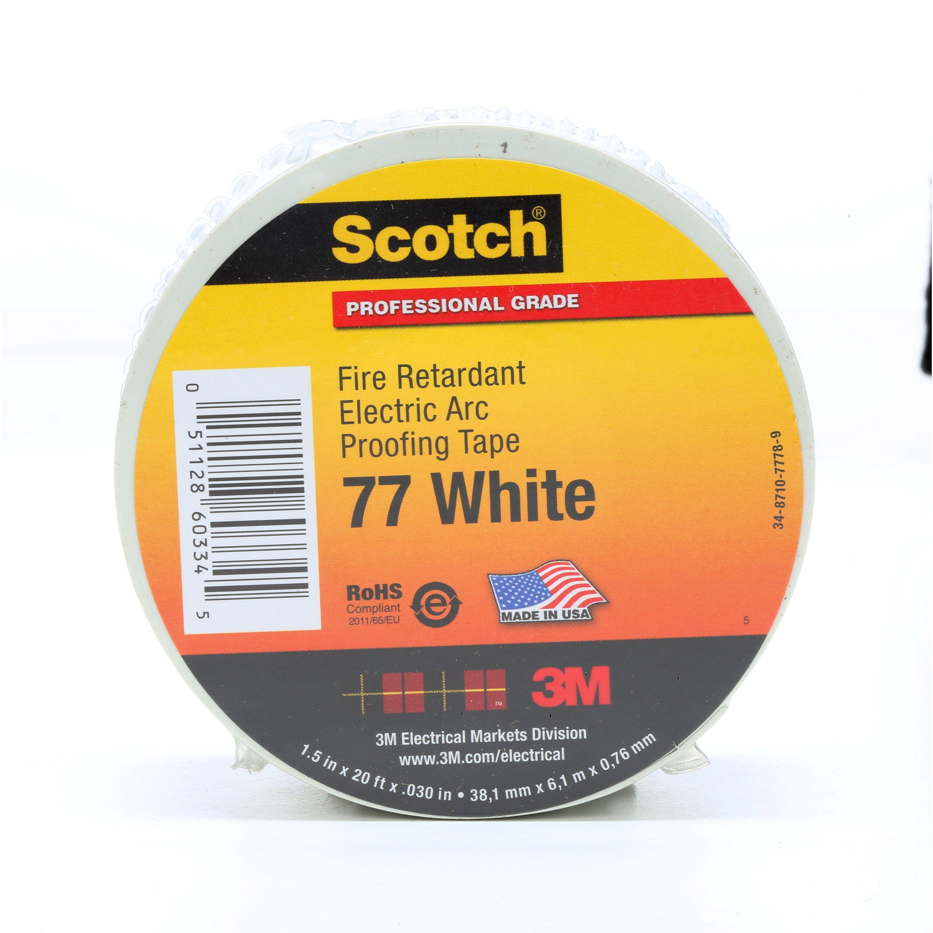 Scotch Fire-Retardant Electric Arc Proofing Tape 77W, 1-1/2 in x 20 ft, White/Gray, 1 roll/carton, 10 rolls/Case