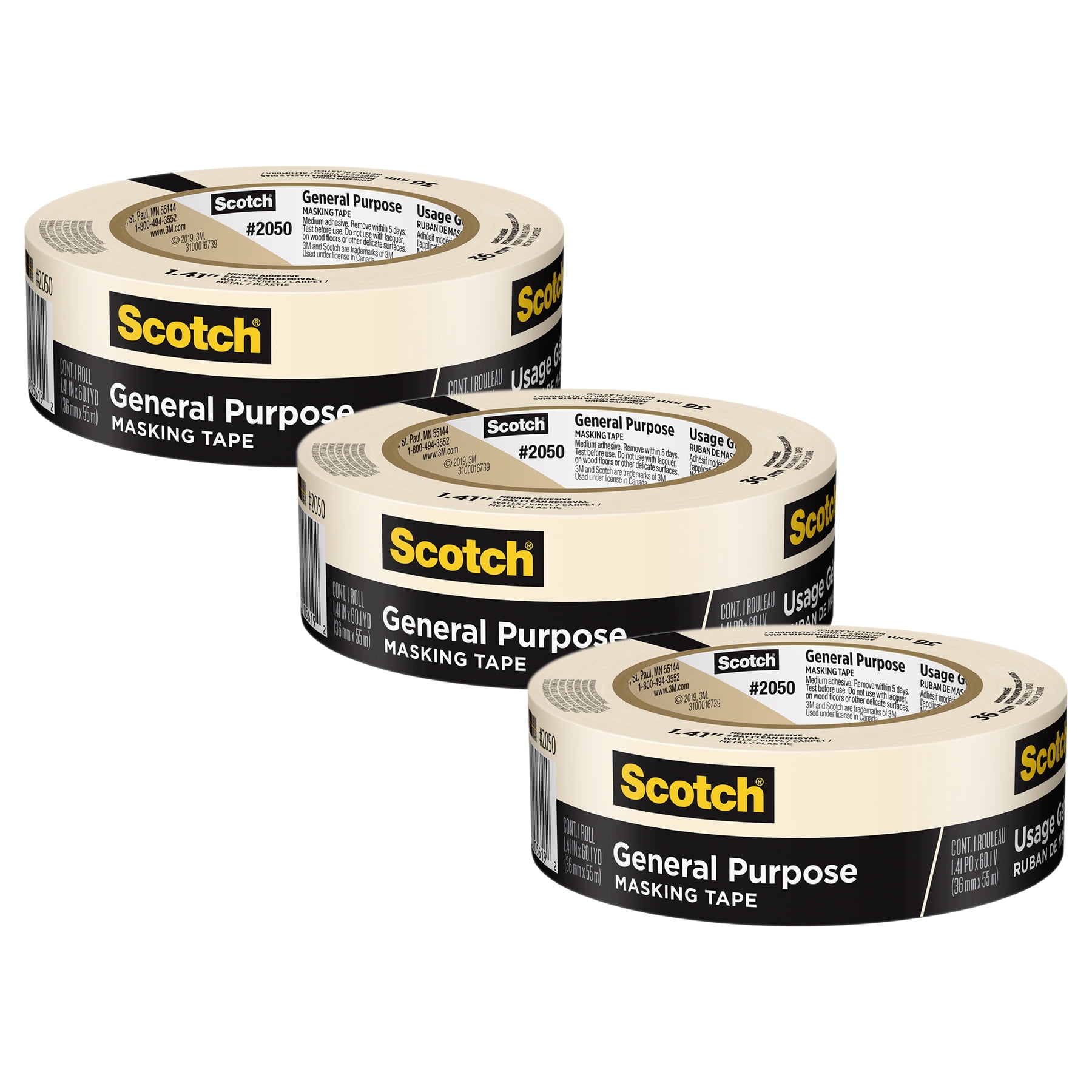 Scotch General Purpose Masking Tape, 1.41 in x 60.1 yd (36mm x 55m), 3 Rolls