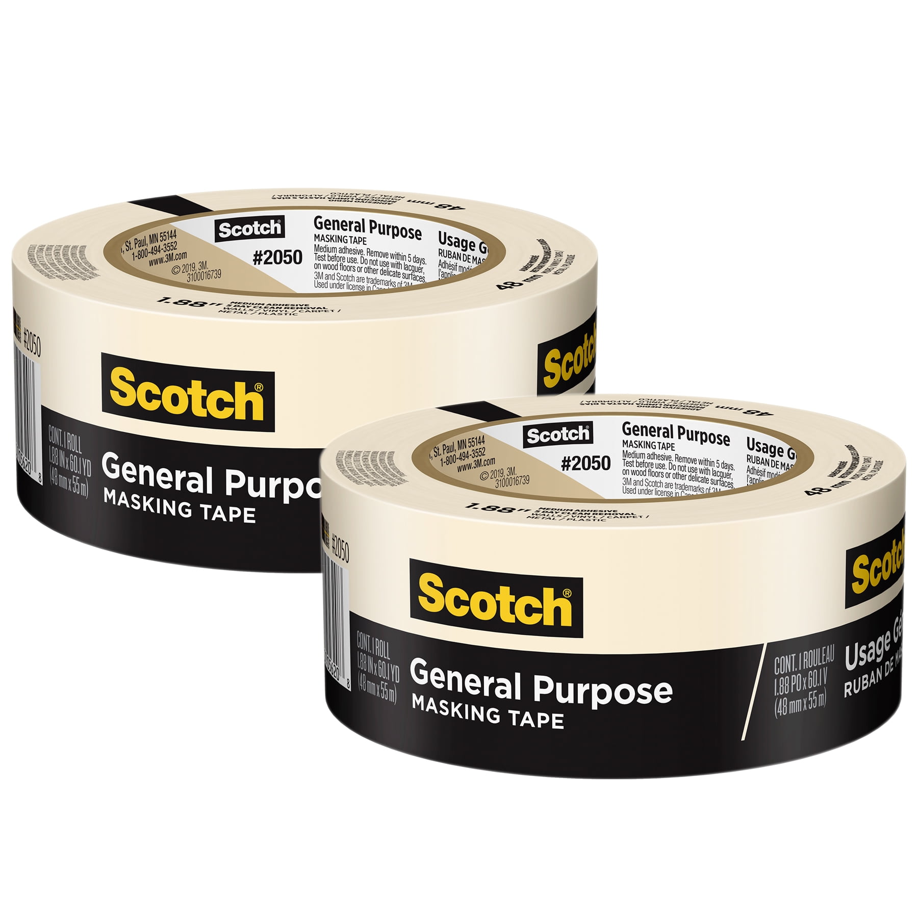 Scotch General Purpose Masking Tape, 1.88 in x 60.1 yd (48mm x 55m), 2 Rolls
