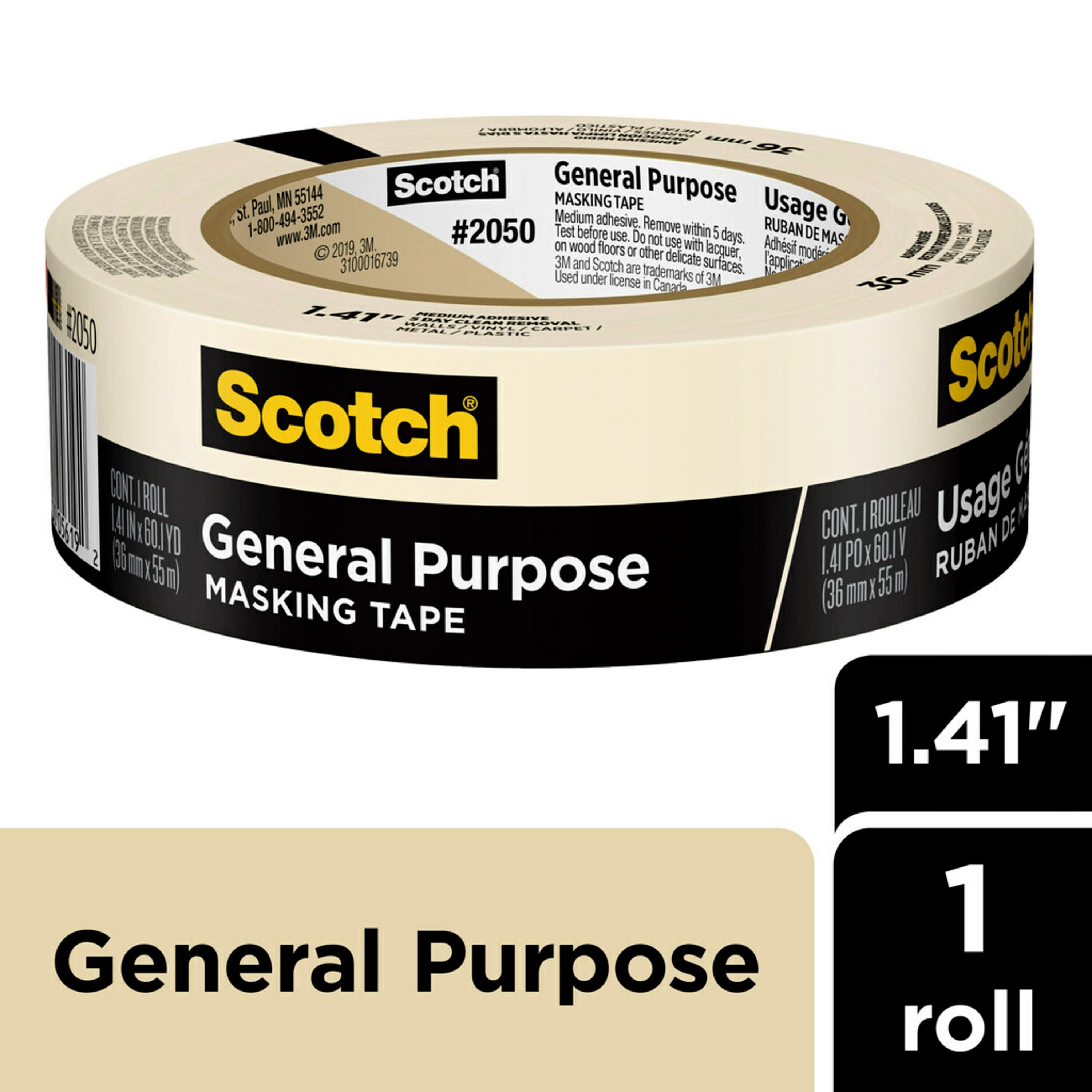 Scotch 232 High Performance Masking Tape, 3 Inch Core, 1 Inch X 60 Yards,  Tan