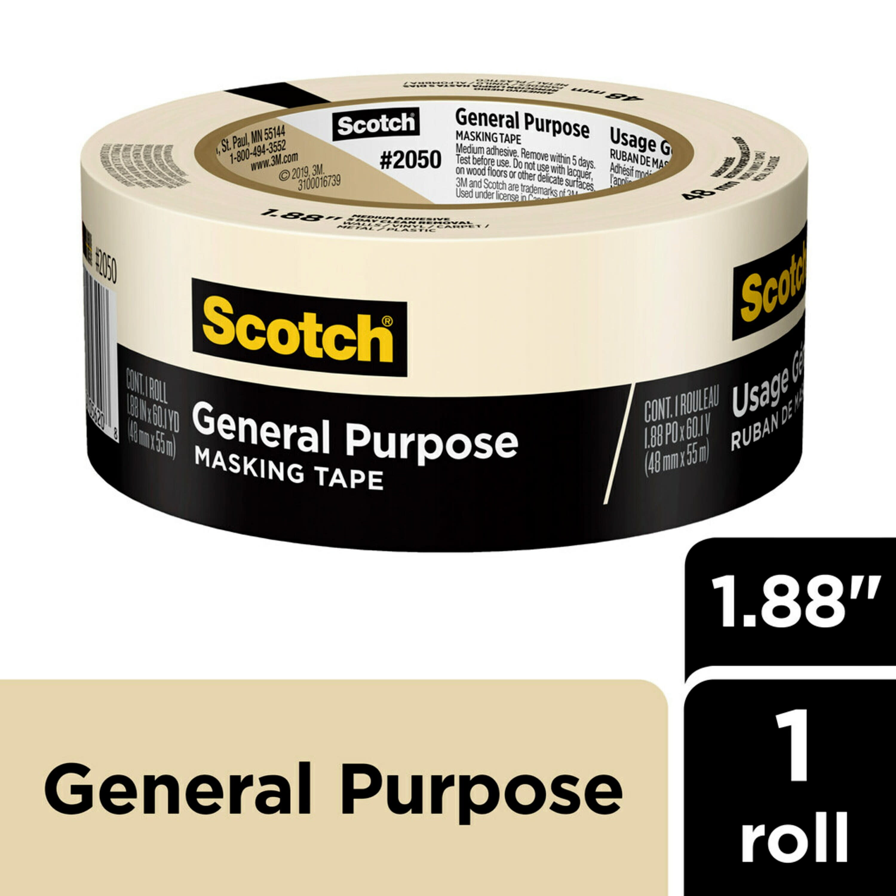 Scotch General Purpose Masking Tape, Tan, 1.88 inches x 60 yards, Roll 