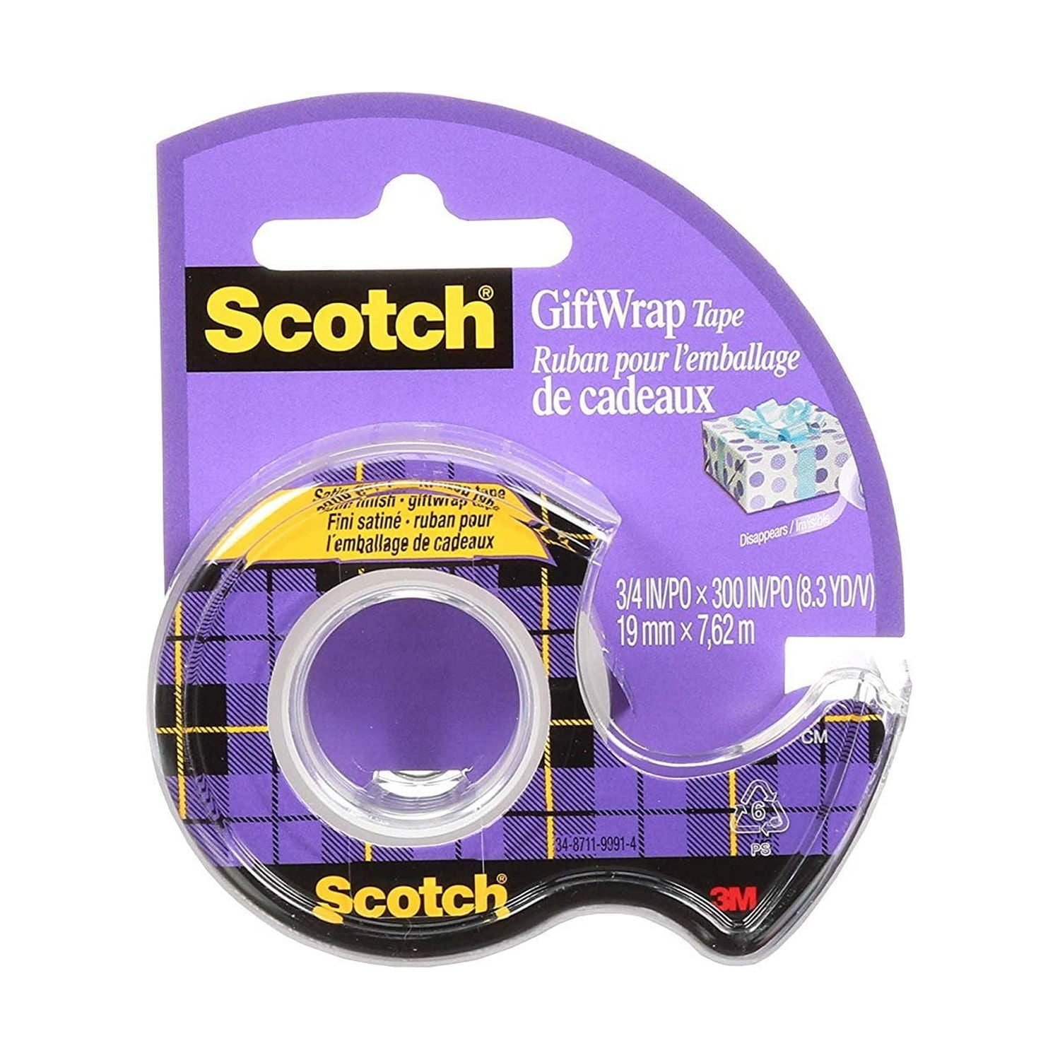 Scotch Gift Wrap Tape, Each roll 3/4 x 300 w/Dispenser, 3 pk