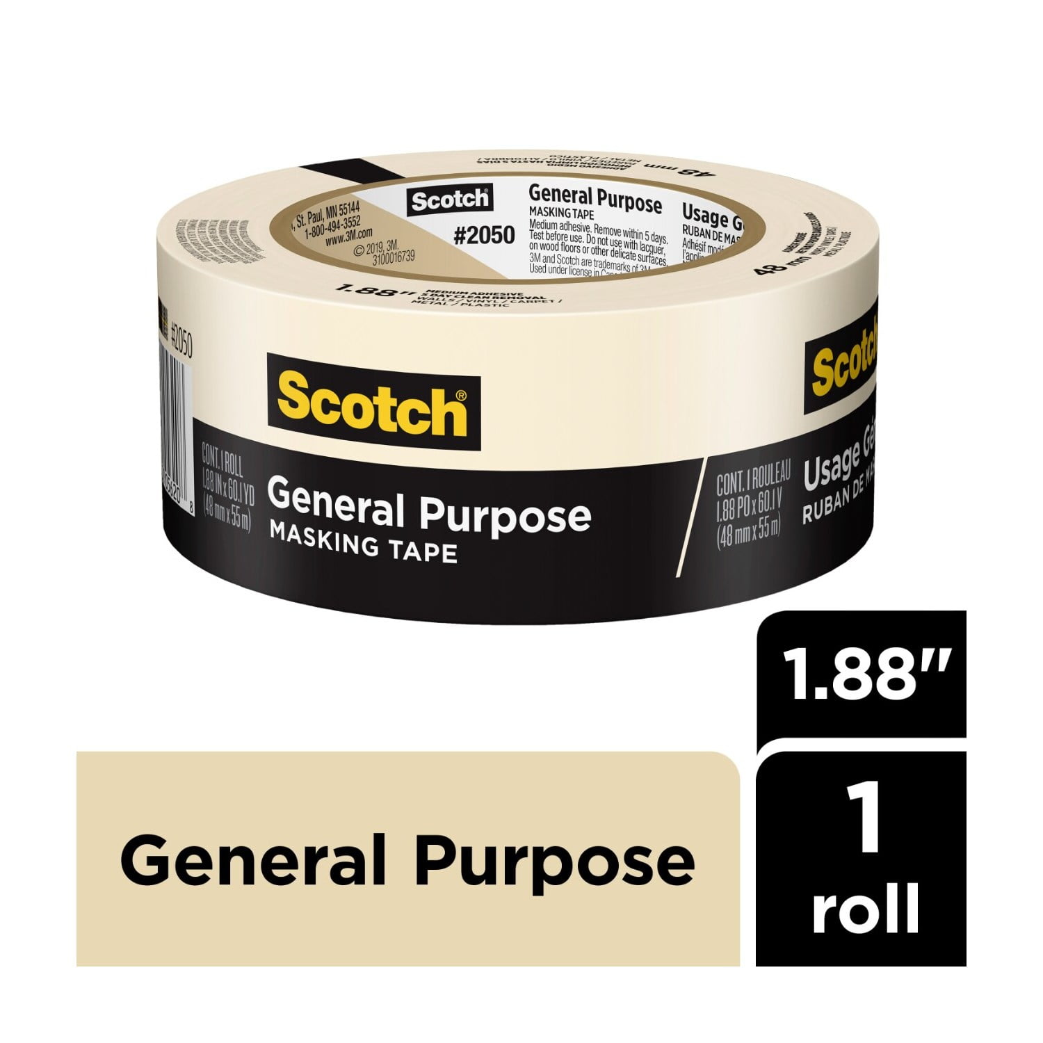Scotch 1.88" x 60yd Beige Crepe Paper Masking Tape
