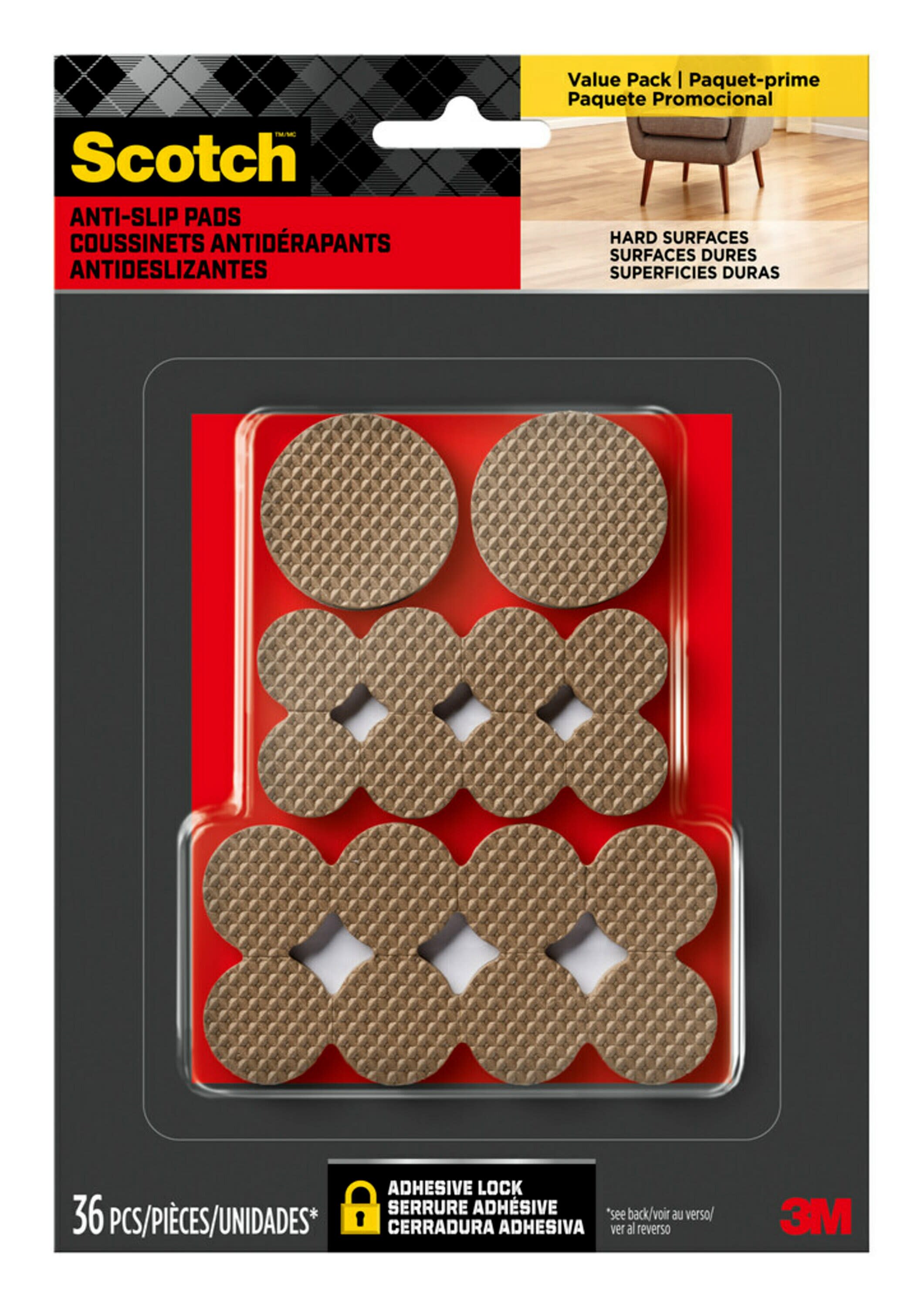 Scotch™ Gripping Pads Value Pack, Assorted Sizes, Brown, 36 Pads